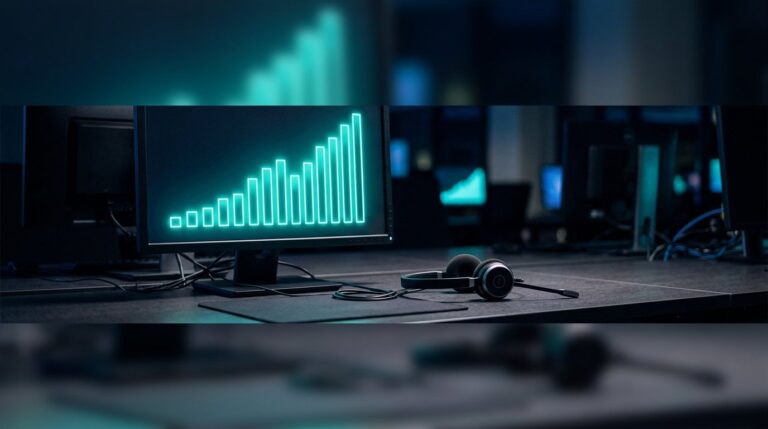 Contact-centre headset beside a monitor showing a rising sales chart