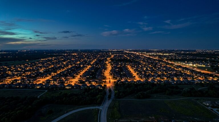 Aerial view of a Texas suburb at night with lit homes and streets