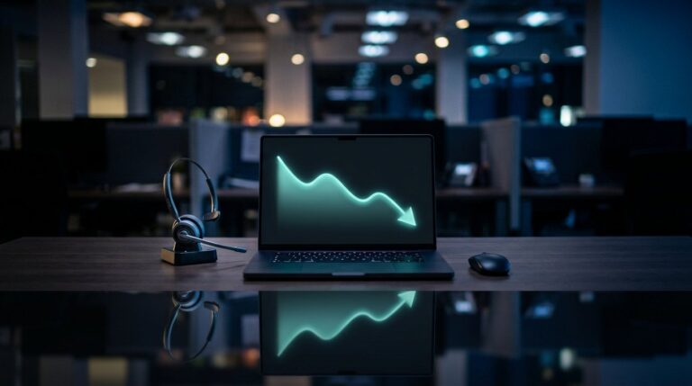 Laptop on a contact-centre desk showing a falling cost chart
