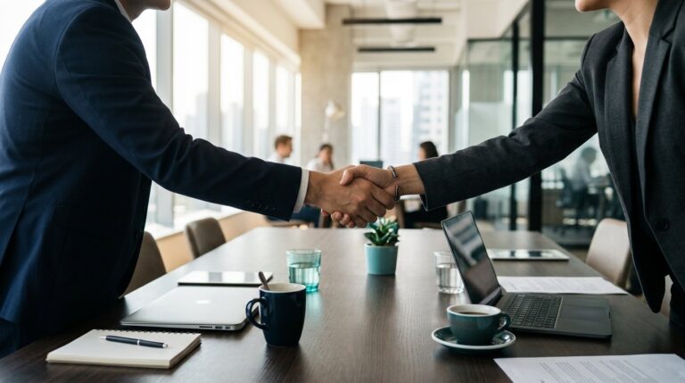Two professionals shaking hands across a meeting table
